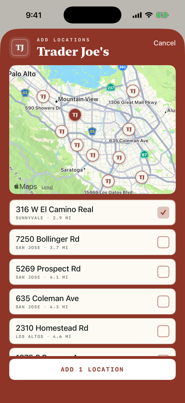 The Trader Joe's branch picker in its own deep red, with TJ-monogram pins on the map and nearby branches listed with distances.