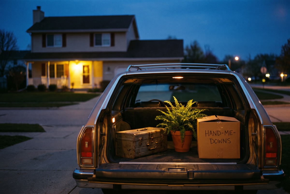 A station wagon at blue hour with its tailgate open holding an old suitcase, a potted fern and a cardboard box hand-labeled hand-me-downs, a lit two-story family house behind it.