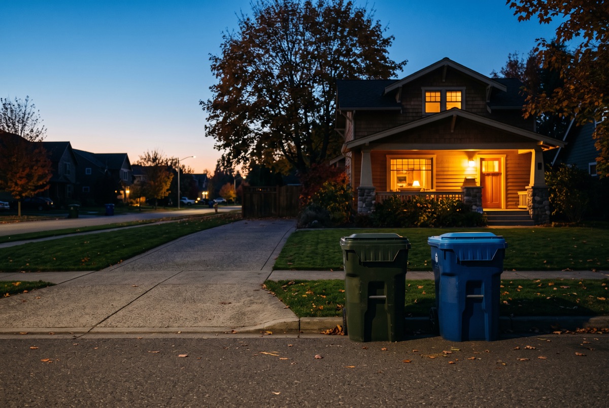 Two wheeled bins, one green and one blue, set together at the curb of a suburban driveway at dusk, a warm-lit craftsman house with a glowing porch light behind them.